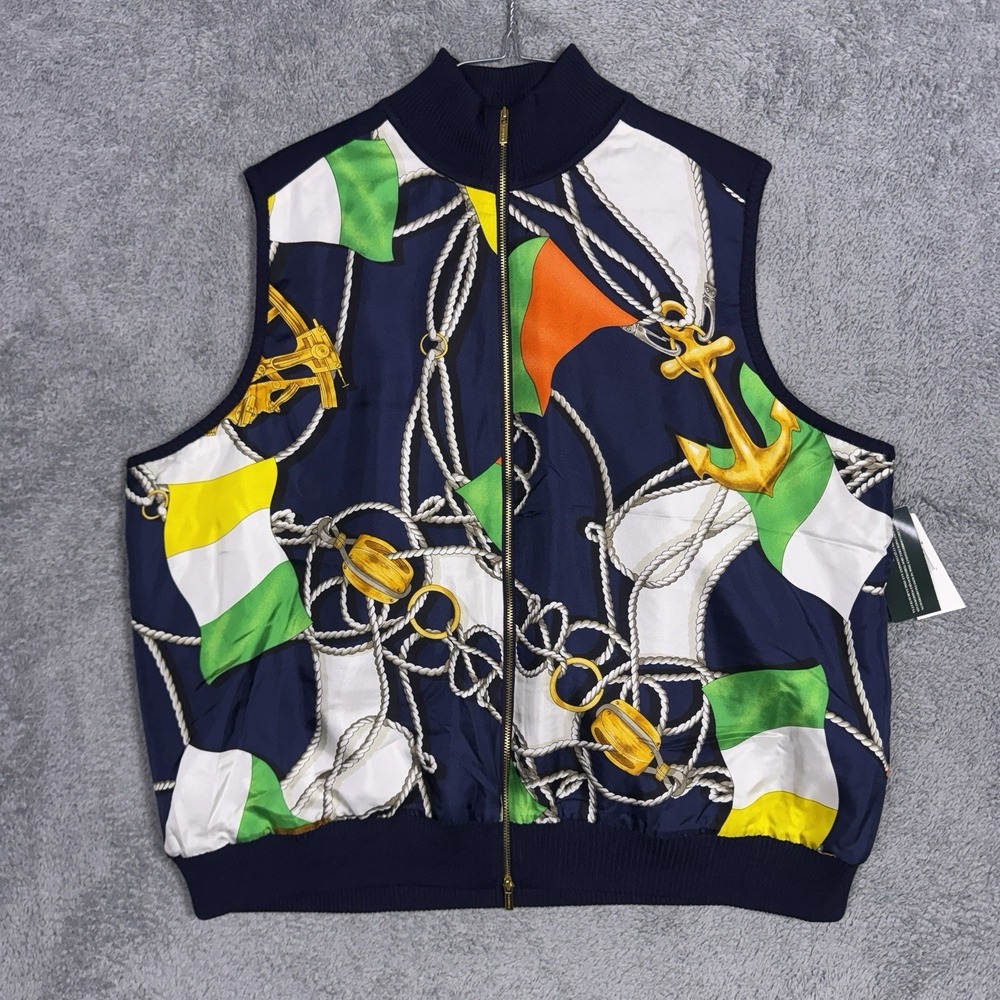 Ralph Lauren Vest Women 2X XX 100% Silk Full Zip Bomber Quilted Nautical Anchor